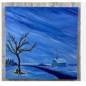 Winter Landscape Serene Monochromatic Blue Church Acrylic Painting 20" x 20"